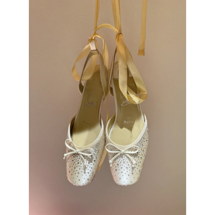 Christian Louboutin Gold Satin Crystal Tie‑Ankle Ballet Flats