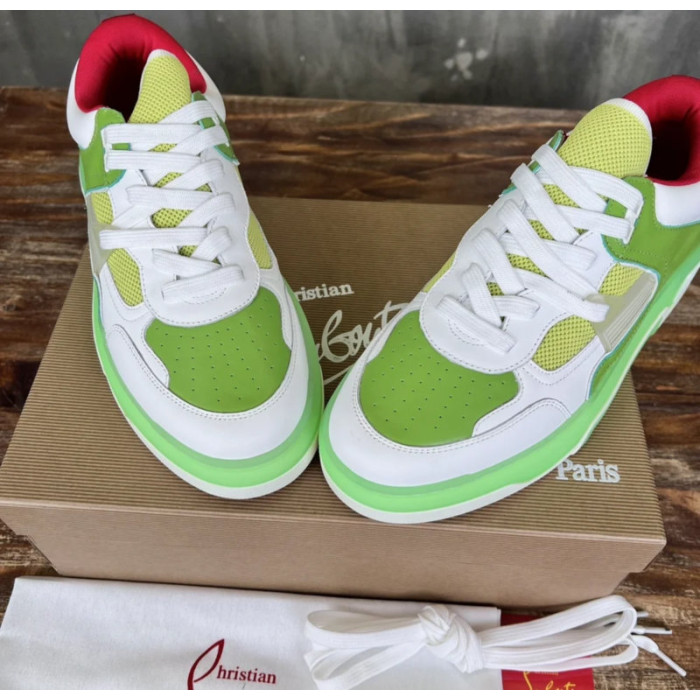 Christian Louboutin White‑Green Leather Spiked Platform Low‑Top Sneakers