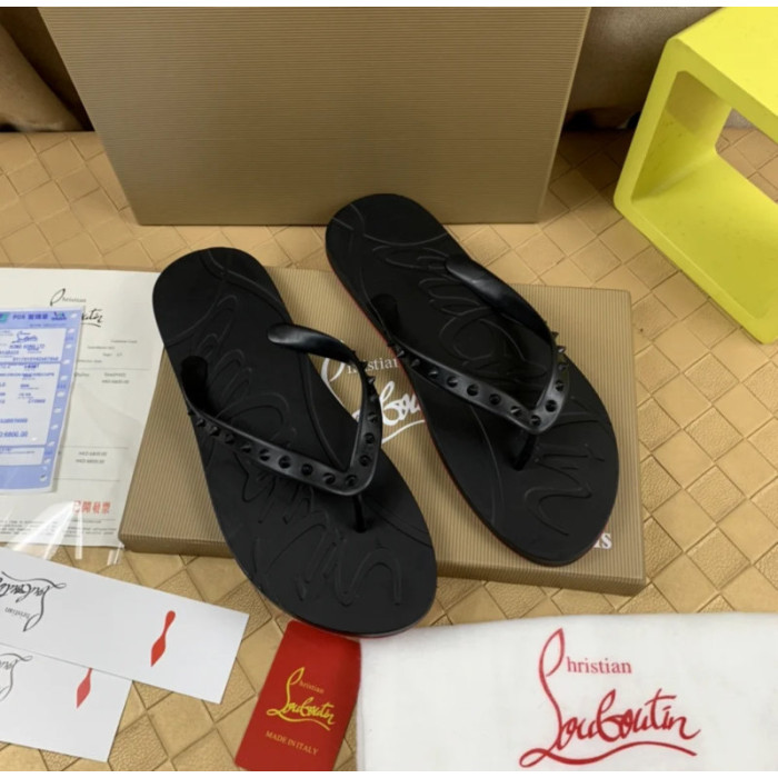 Christian Louboutin Black Embossed‑Logo Studded Flip‑Flop Sandals