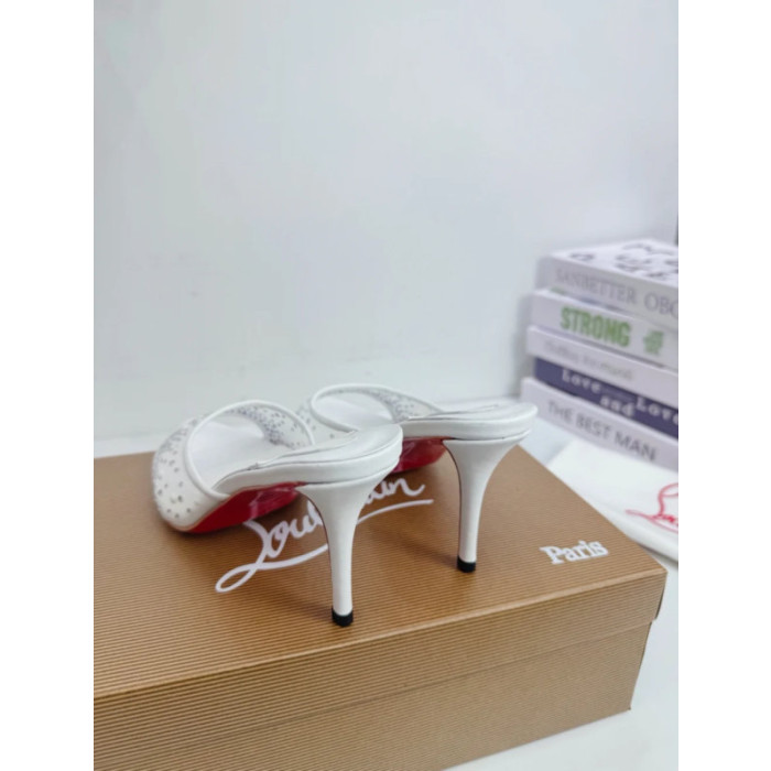 Christian Louboutin White Mesh Crystal 85mm Pointed‑Toe Mule Heels