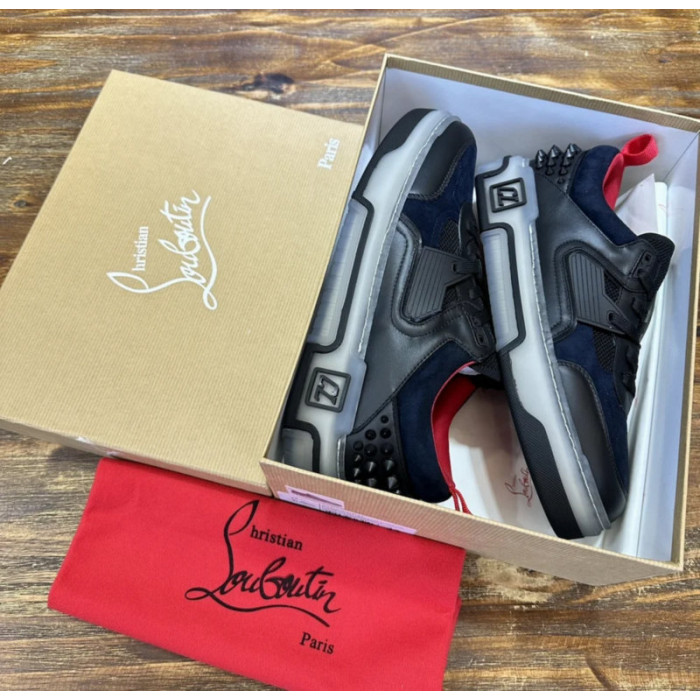 Christian Louboutin Navy‑Black Suede Mesh Spiked Platform Low‑Top Sneakers