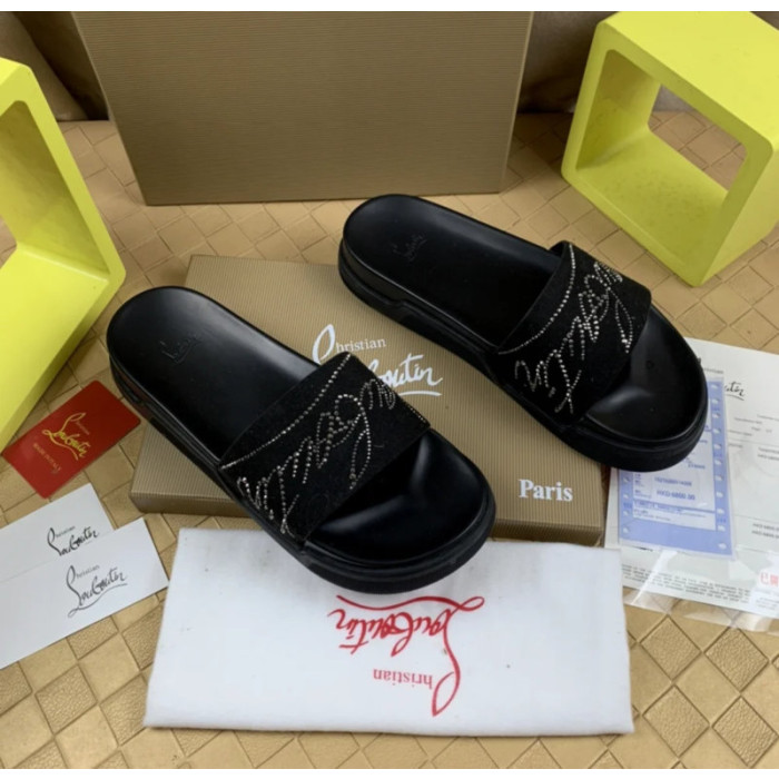 Christian Louboutin Black Suede Silver‑Rhinestone Graffiti Logo Slide Sandals