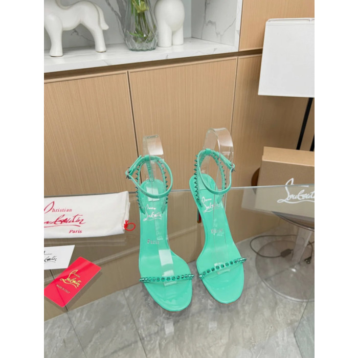 Christian Louboutin Green Patent Spiked Ankle‑Strap Sandal 100mm heel