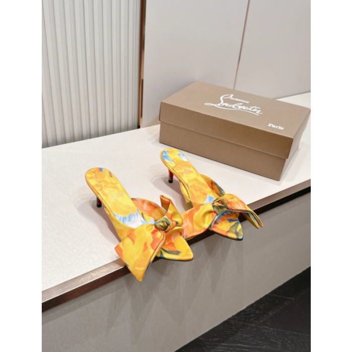 Christian Louboutin Yellow Floral Satin 70mm Bow Heel Mule Sandals