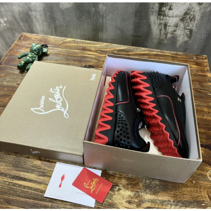 Christian Louboutin Black Leather Red‑Trim Spiked Slip‑On Sneakers