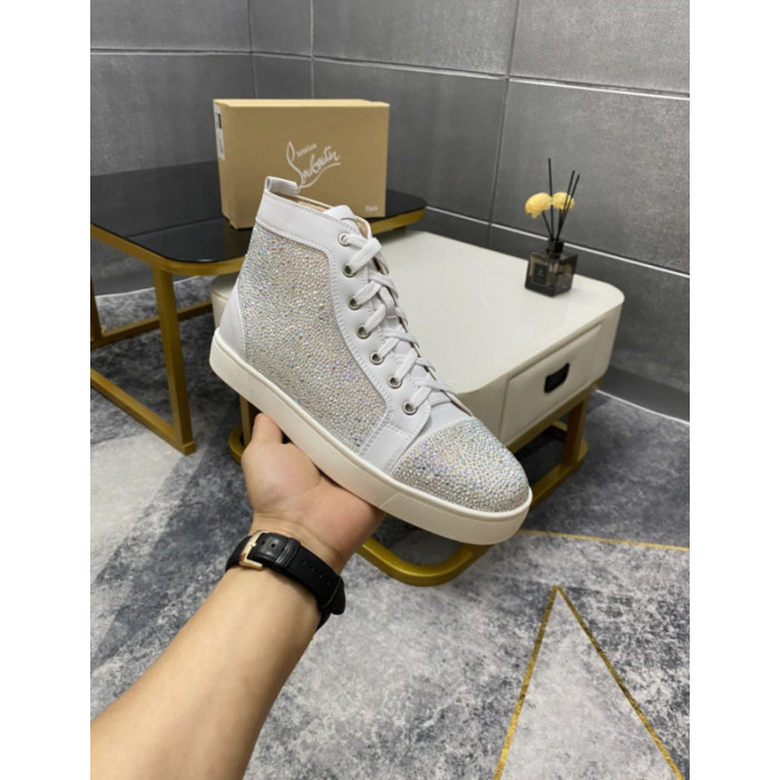 Christian Louboutin White Leather Crystal‑Embellished High‑Top Sneakers