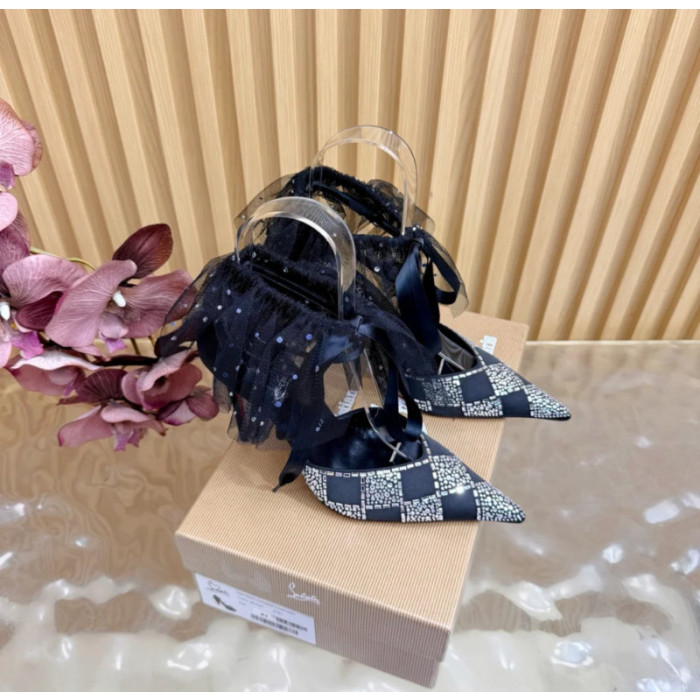 Christian Louboutin Black Satin Checkered Crystal‑Embellished 100mm Stiletto Heel Ankle‑Strap Pumps