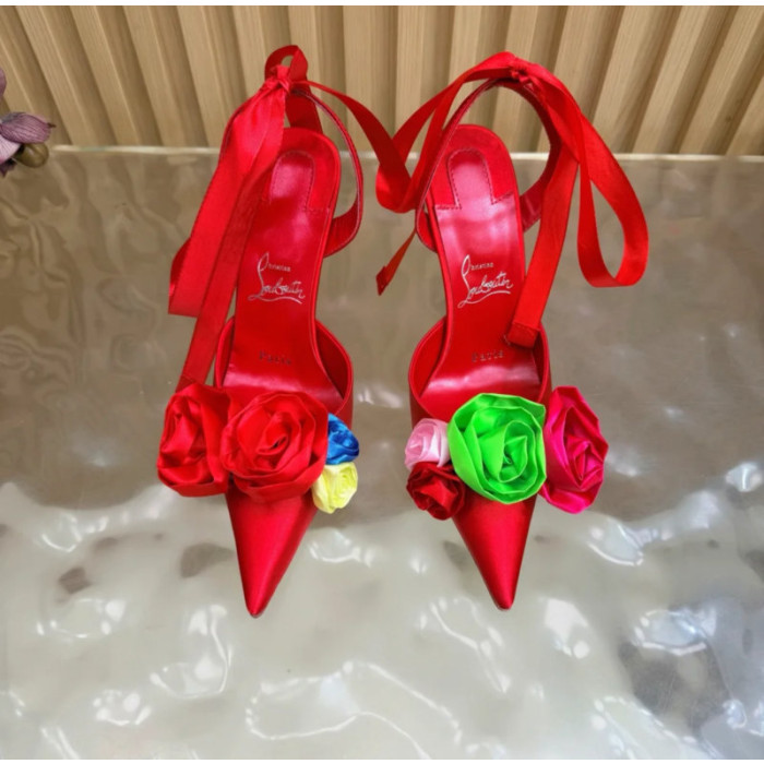 Christian Louboutin Red Satin Multicolor Fabric Flower 100mm Stiletto Heel Slingback Pumps