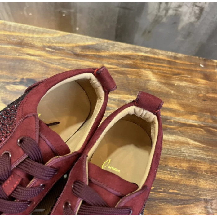 Christian Louboutin Burgundy Suede Crystal‑Embellished Low‑Top Sneakers