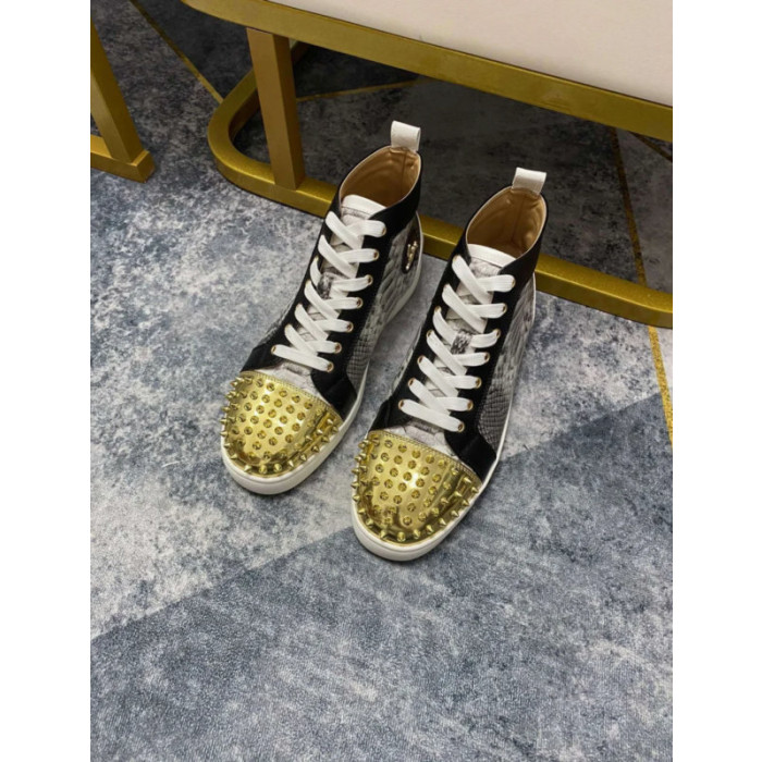 Christian Louboutin Grey Snake‑Print Gold‑Spiked High‑Top Sneakers