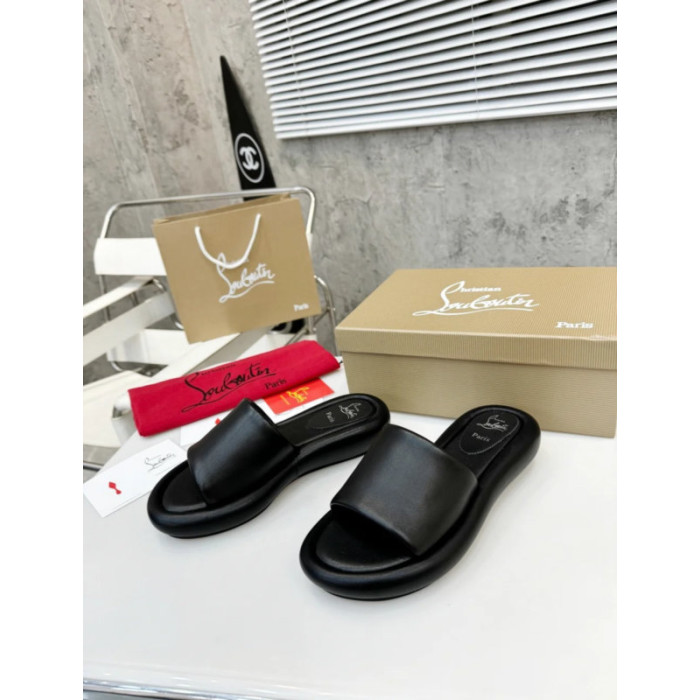 Christian Louboutin Black Leather Platform Flat Slide Sandal