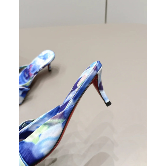Christian Louboutin Blue Watercolor‑Print Satin Bow Mule Kitten Heel Sandals 55mm heel