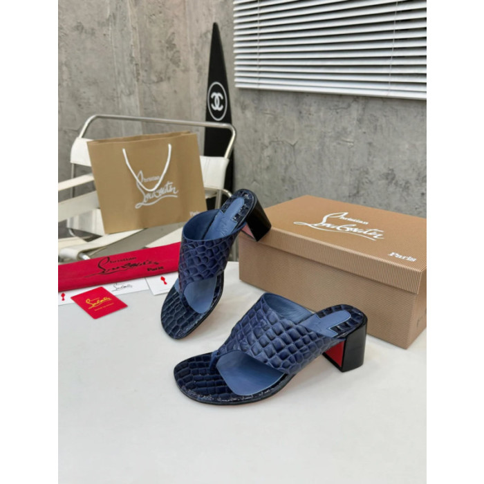Christian Louboutin Navy Croc‑Embossed 70mm Block Heel Thong Mule Sandals
