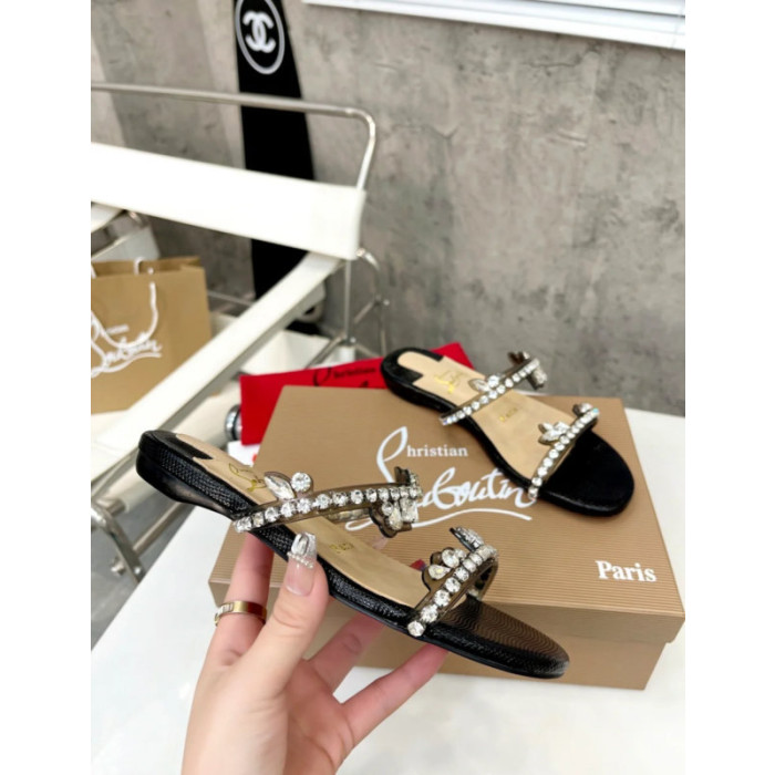 Christian Louboutin Black Crystal Embellished Flat Slide Sandal