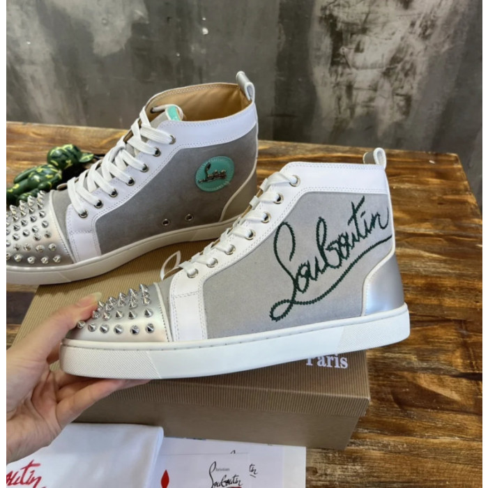 Christian Louboutin Grey Canvas Silver Spiked High‑Top Sneakers