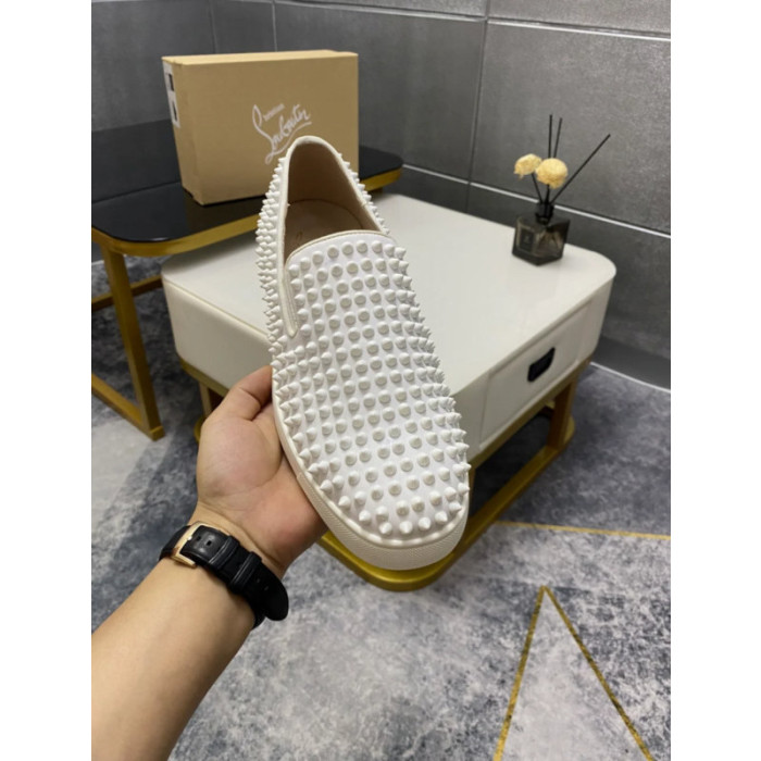 Christian Louboutin White Suede All‑Over Spiked Slip‑On Loafers
