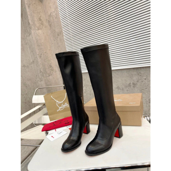 Christian Louboutin Black Smooth Leather 85mm heel Block‑Heel Knee‑High Boots