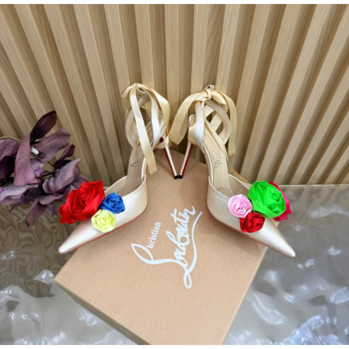 Christian Louboutin Ivory Satin Multicolor Fabric Flower 100mm Stiletto Heel Slingback Pumps