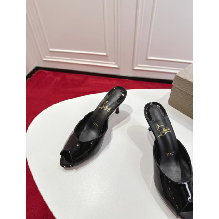 Christian Louboutin Black Patent Peep‑Toe Stiletto Heel Mules