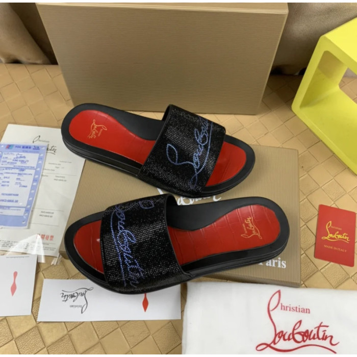 Christian Louboutin Black Slide Sandals With Blue Crystal Logo