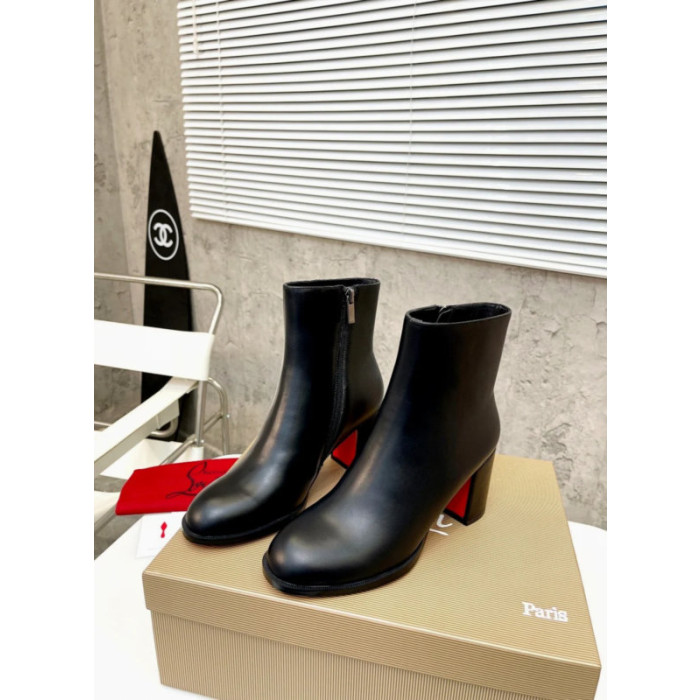 Christian Louboutin Black Smooth Leather Side‑Zip Block Heel Ankle Boots 70mm heel