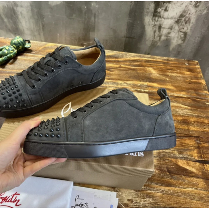 Christian Louboutin Dark Grey Suede Black‑Spiked Low‑Top Men’s Sneakers