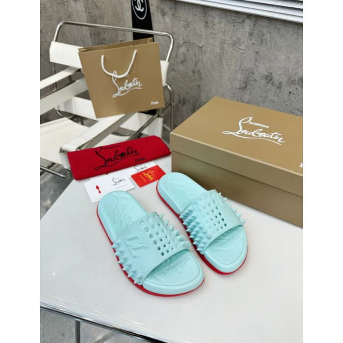 Christian Louboutin Mint Green Stud‑Embellished CL Logo Slide Sandals