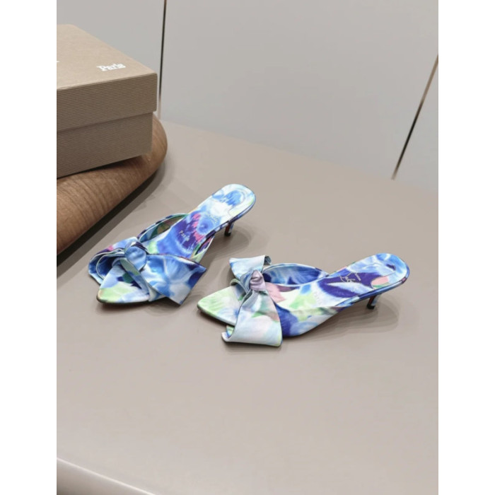 Christian Louboutin Blue Watercolor‑Print Satin Bow Mule Kitten Heel Sandals 55mm heel