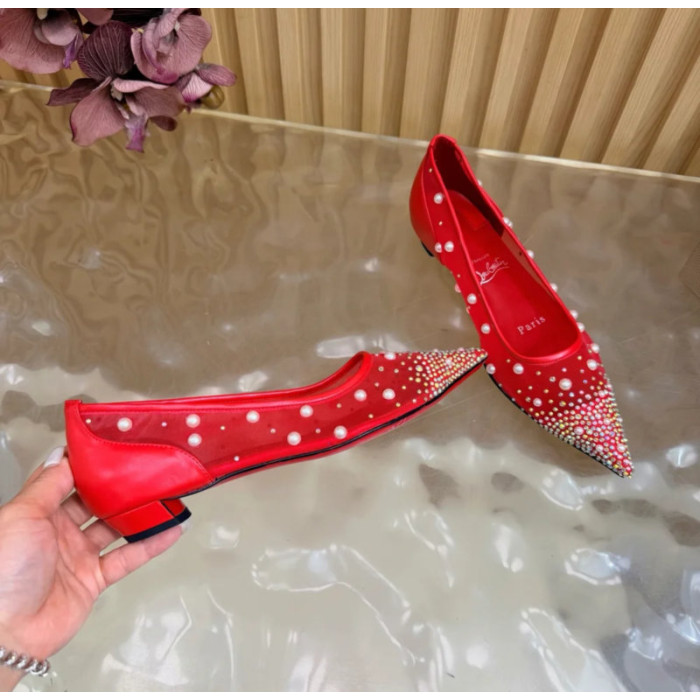 Christian Louboutin Red Mesh Pearl Crystal‑Embellished Pointed‑Toe Flat Pumps