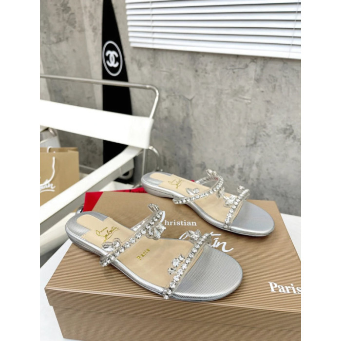 Christian Louboutin Silver Crystal Embellished Flat Slide Sandal