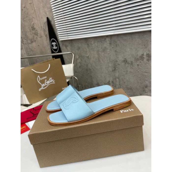 Christian Louboutin Sky‑Blue Leather Stitched Logo Wood‑trim Flat Slide