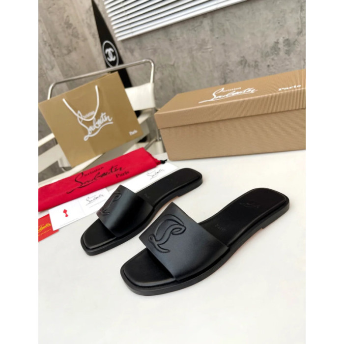 Christian Louboutin Signature Stitched Logo Black Leather Flat Slip‑on Sandal