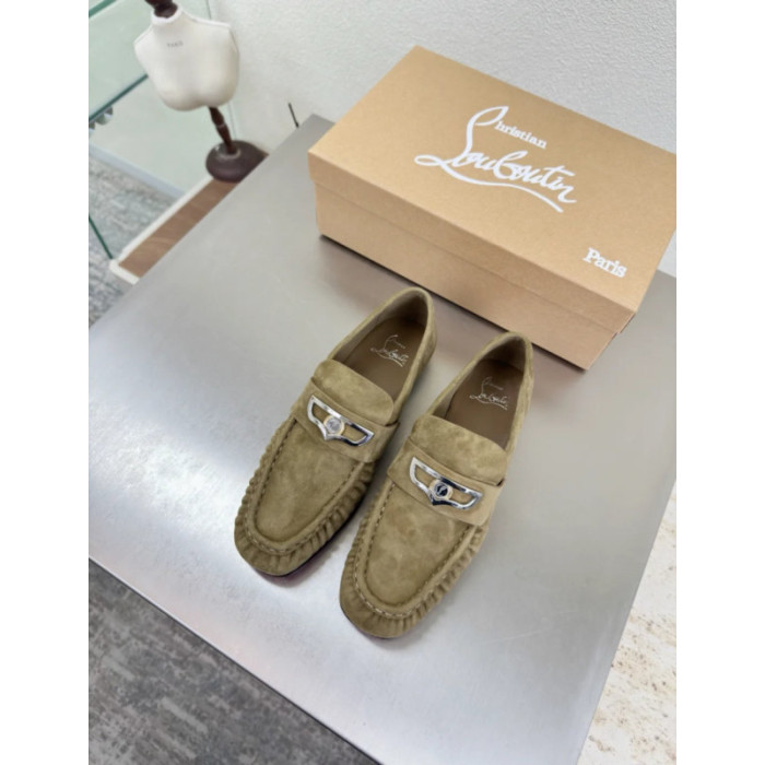 Christian Louboutin Khaki Suede Metal‑Accent Slip‑On Loafers