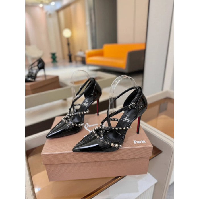Christian Louboutin Black Patent Studded Crisscross Ankle‑Strap Pointed‑Toe Pumps High Heel