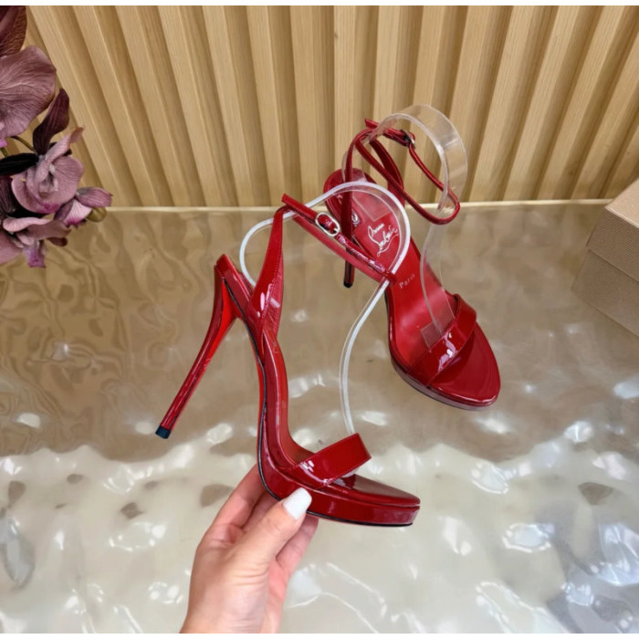 Christian Louboutin Red Patent Leather Ankle‑Strap Platform High‑Heel Sandals 120mm heel
