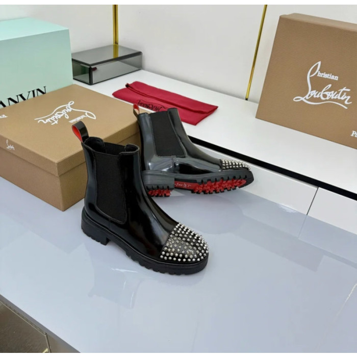 Christian Louboutin Black Patent Stud‑Cap Chelsea Ankle Boots