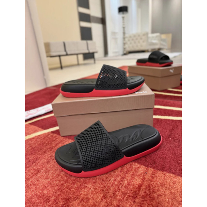 Christian Louboutin Black Mesh Logo Slide Sandals Red Rubber Outsole