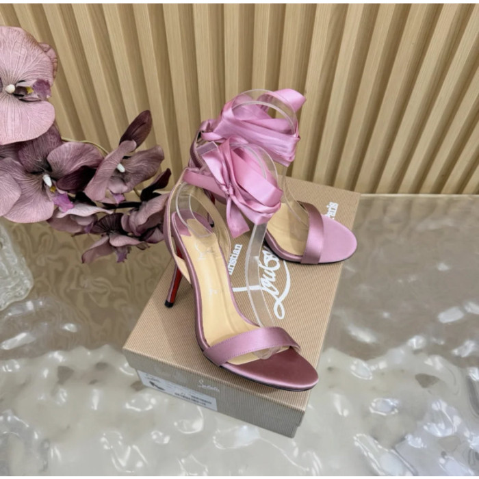 Christian Louboutin Dusty Rose Satin 100mm Ankle‑Wrap Tie Stiletto Sandals