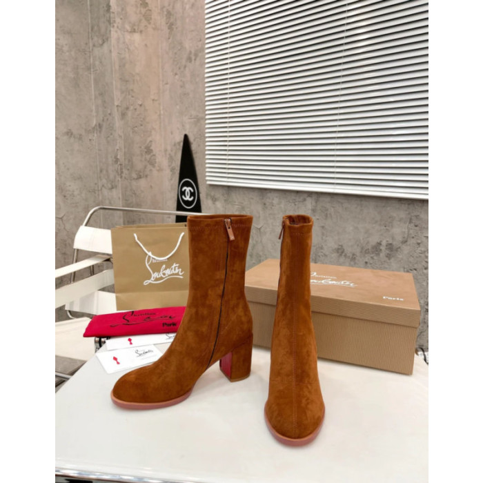 Christian Louboutin Cognac Suede Side‑Zip Block‑Heel Ankle Boots 85mm heel
