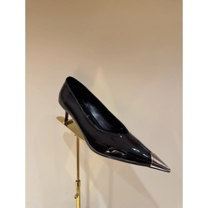 Christian Louboutin Black Patent Metal‑Tip Pointed Toe Kitten Heel Pumps