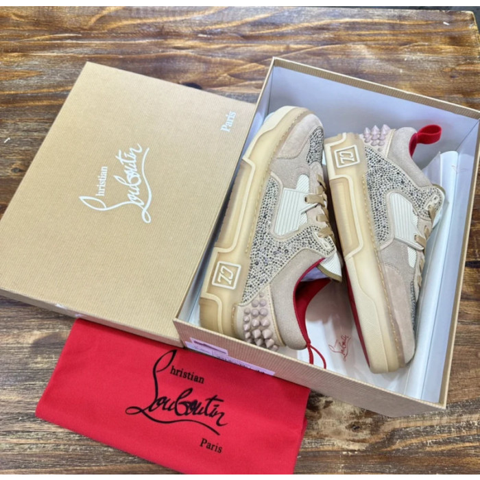 Christian Louboutin Beige Suede Crystal Spiked Platform Low‑Top Sneakers