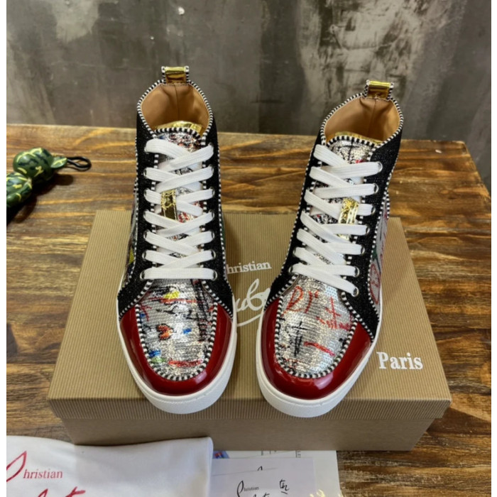 Christian Louboutin Graffiti‑Print Sequined Color‑Block High‑Top Sneakers