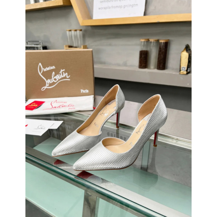Christian Louboutin Silver Grid Textured Half‑d'Orsay Pointed‑Toe 100mm heel Pumps