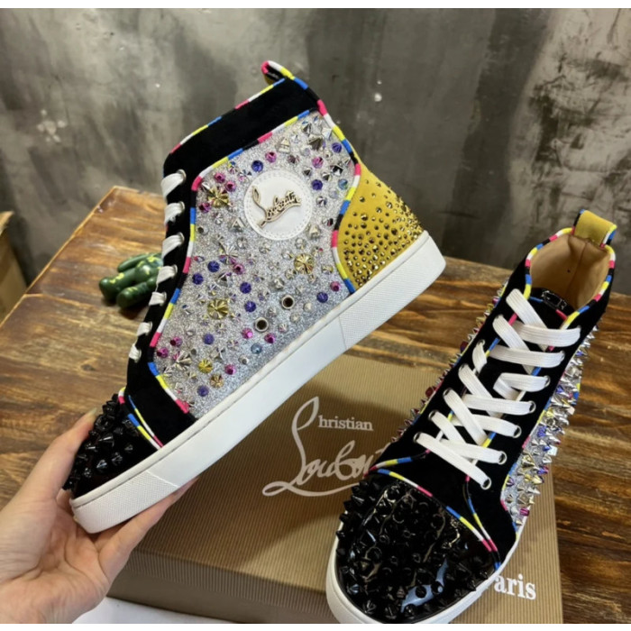 Christian Louboutin Multicolor Crystal Spike‑Decorated Glitter High‑Top Sneakers