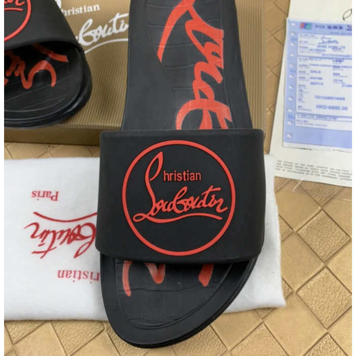 Christian Louboutin Black Rubber Slide Sandals Red Circular Logo Print