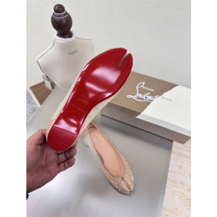 Christian Louboutin × Maison Margiela Nude Mesh Crystal Tabi Split‑Toe Flat Shoes