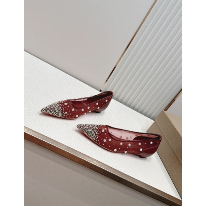 Christian Louboutin Burgundy Mesh Crystal Pearl Embellished Pointed‑Toe Flat Shoes