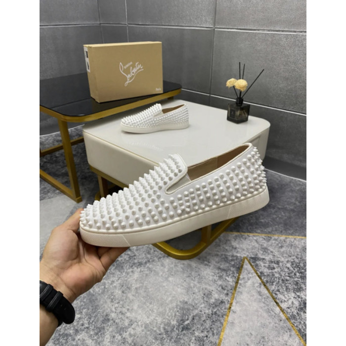 Christian Louboutin White Suede All‑Over Spiked Slip‑On Loafers