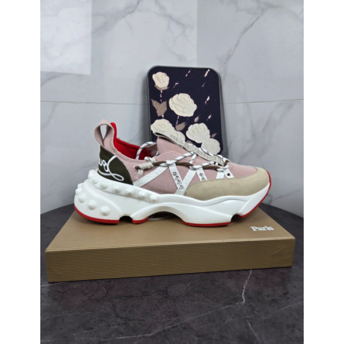 Christian Louboutin Pink‑Beige Spiked‑Sole Lace‑Up Chunky Sneakers Red Lining