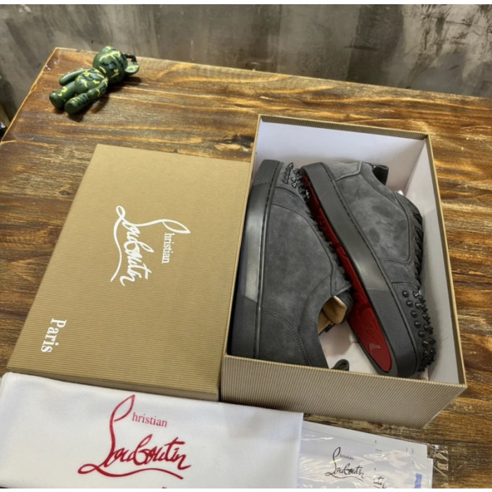 Christian Louboutin Dark Grey Suede Black‑Spiked Low‑Top Men’s Sneakers